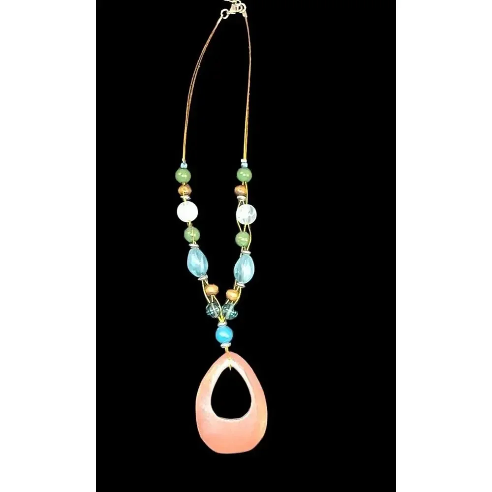 Vintage Chunky Wood Pendant Beaded Copper Wire Necklace Brown Blue Green 16